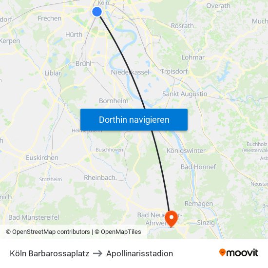 Köln Barbarossaplatz to Apollinarisstadion map