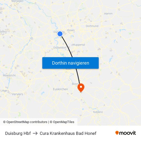 Duisburg Hbf to Cura Krankenhaus Bad Honef map