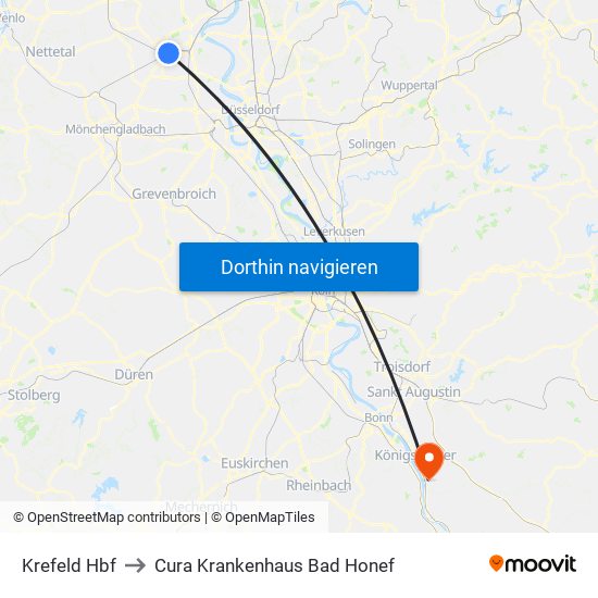 Krefeld Hbf to Cura Krankenhaus Bad Honef map