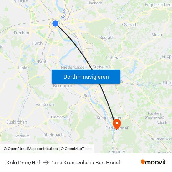 Köln Dom/Hbf to Cura Krankenhaus Bad Honef map