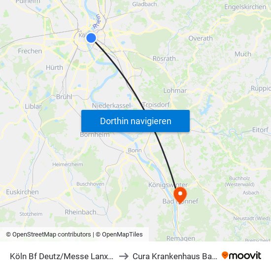 Köln Bf Deutz/Messe Lanxess Arena to Cura Krankenhaus Bad Honef map