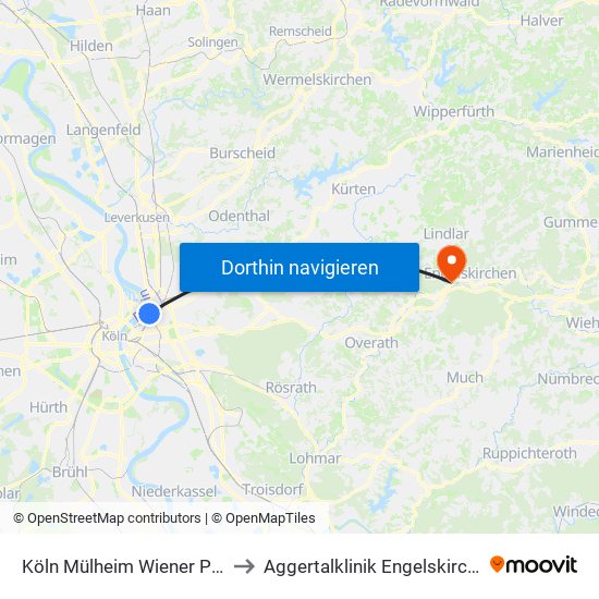 Köln Mülheim Wiener Platz to Aggertalklinik Engelskirchen map