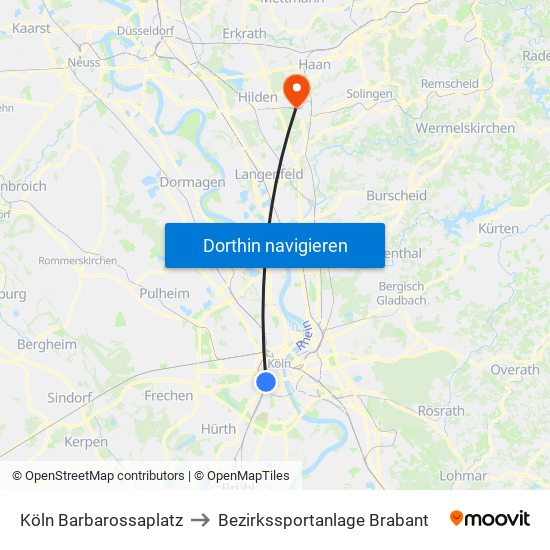 Köln Barbarossaplatz to Bezirkssportanlage Brabant map