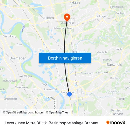 Leverkusen Mitte Bf to Bezirkssportanlage Brabant map