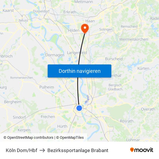 Köln Dom/Hbf to Bezirkssportanlage Brabant map