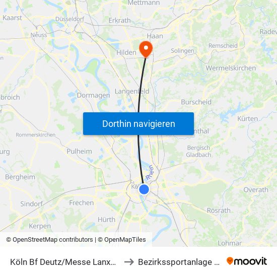 Köln Bf Deutz/Messe Lanxess Arena to Bezirkssportanlage Brabant map