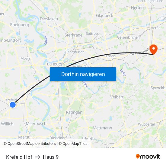 Krefeld Hbf to Haus 9 map