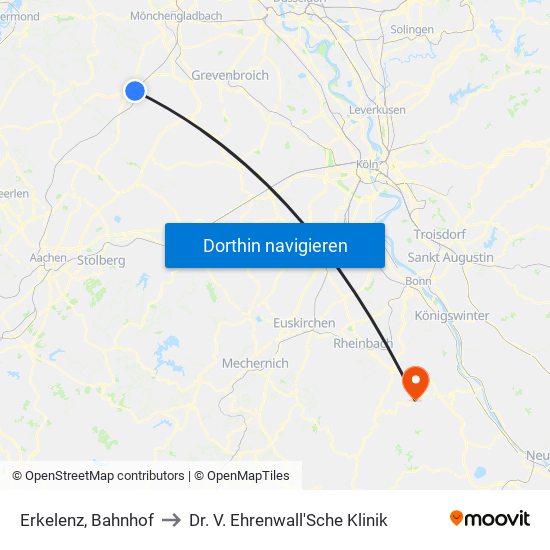 Erkelenz, Bahnhof to Dr. V. Ehrenwall'Sche Klinik map