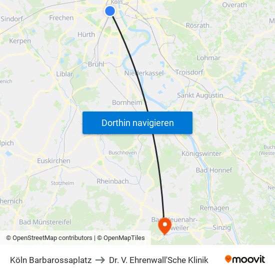 Köln Barbarossaplatz to Dr. V. Ehrenwall'Sche Klinik map