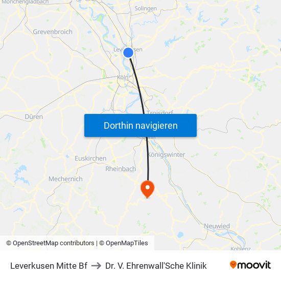 Leverkusen Mitte Bf to Dr. V. Ehrenwall'Sche Klinik map