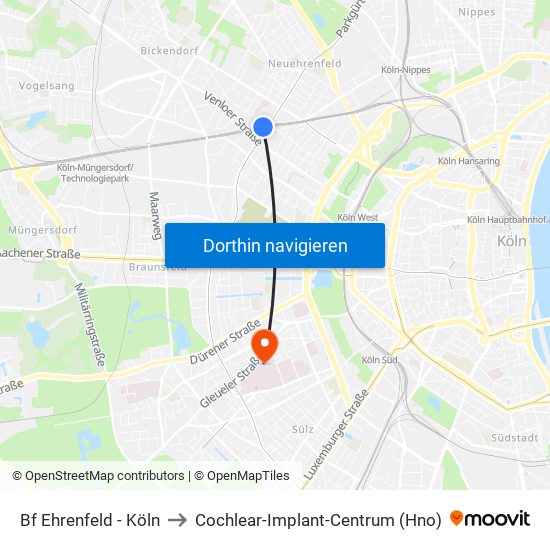 Bf Ehrenfeld - Köln to Cochlear-Implant-Centrum (Hno) map