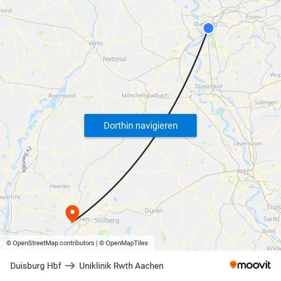 Duisburg Hbf to Uniklinik Rwth Aachen map