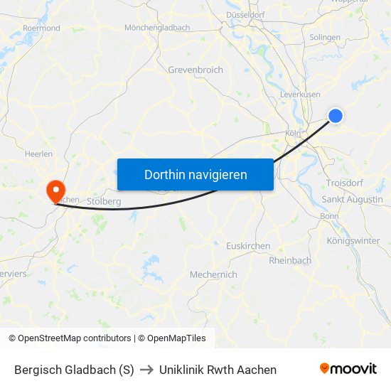 Bergisch Gladbach (S) to Uniklinik Rwth Aachen map