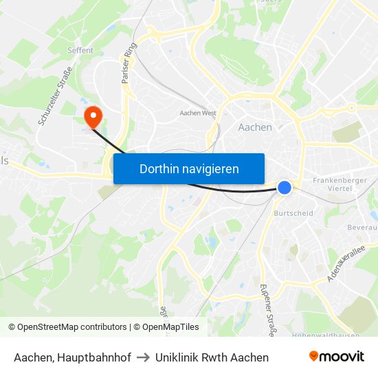 Aachen, Hauptbahnhof to Uniklinik Rwth Aachen map