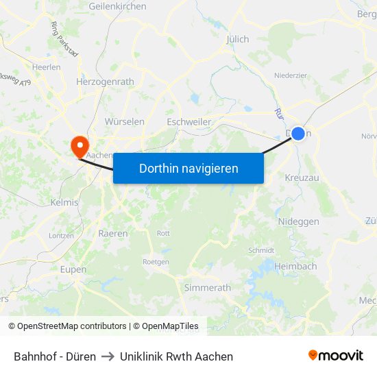 Bahnhof - Düren to Uniklinik Rwth Aachen map