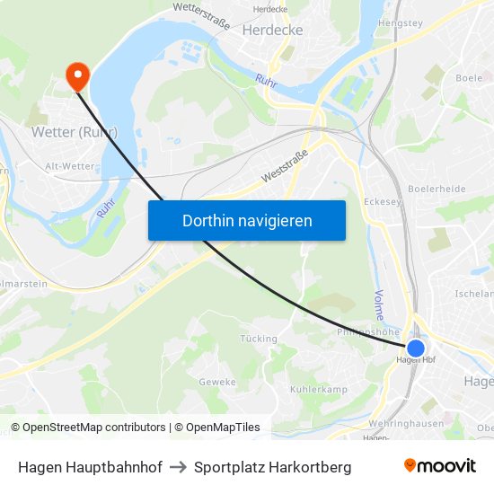 Hagen Hauptbahnhof to Sportplatz Harkortberg map