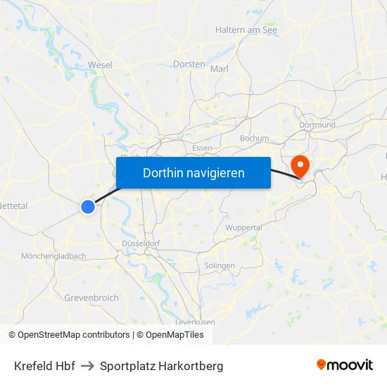 Krefeld Hbf to Sportplatz Harkortberg map