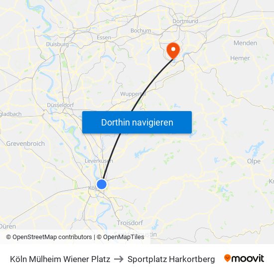 Köln Mülheim Wiener Platz to Sportplatz Harkortberg map