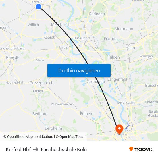 Krefeld Hbf to Fachhochschule Köln map