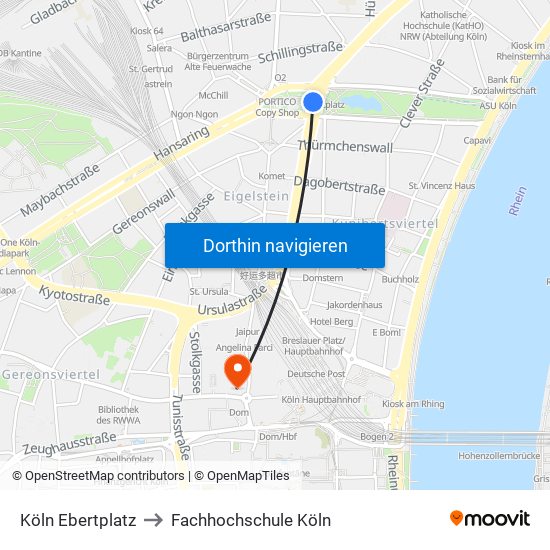 Köln Ebertplatz to Fachhochschule Köln map