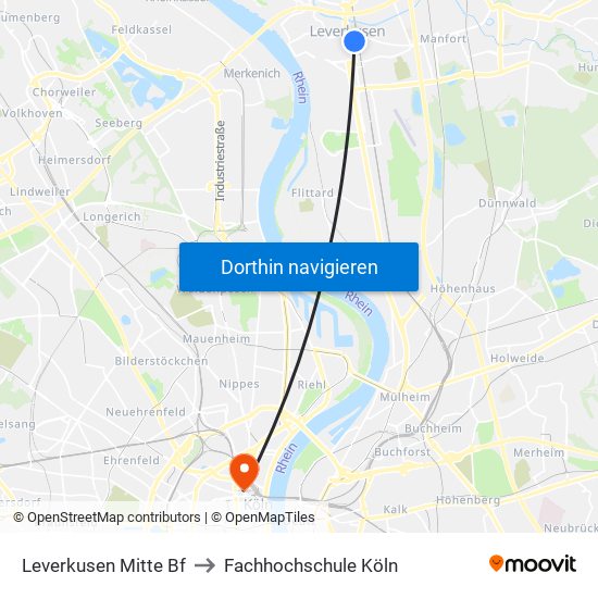Leverkusen Mitte Bf to Fachhochschule Köln map