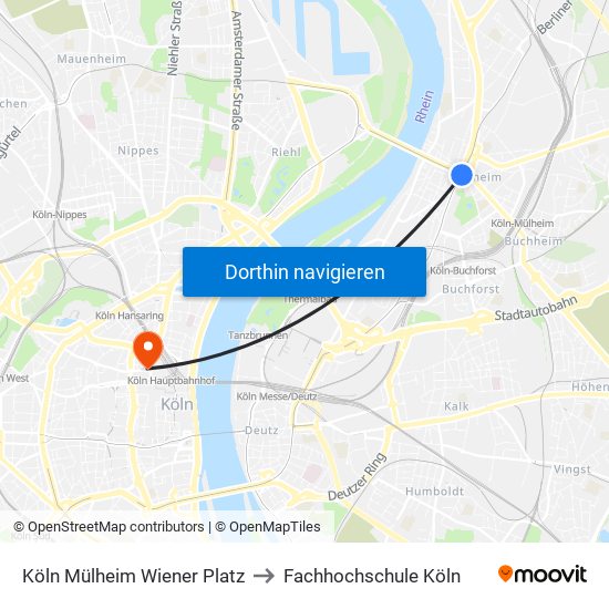 Köln Mülheim Wiener Platz to Fachhochschule Köln map