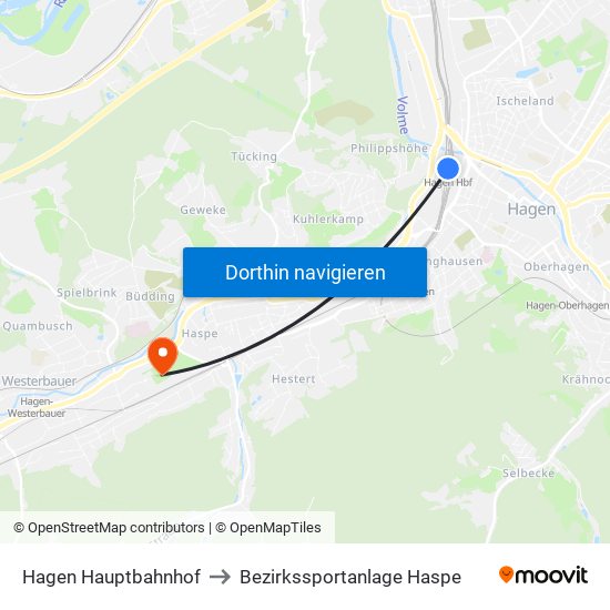 Hagen Hauptbahnhof to Bezirkssportanlage Haspe map