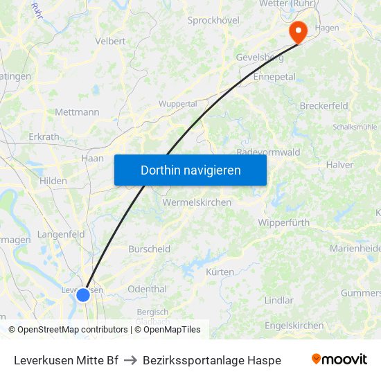 Leverkusen Mitte Bf to Bezirkssportanlage Haspe map