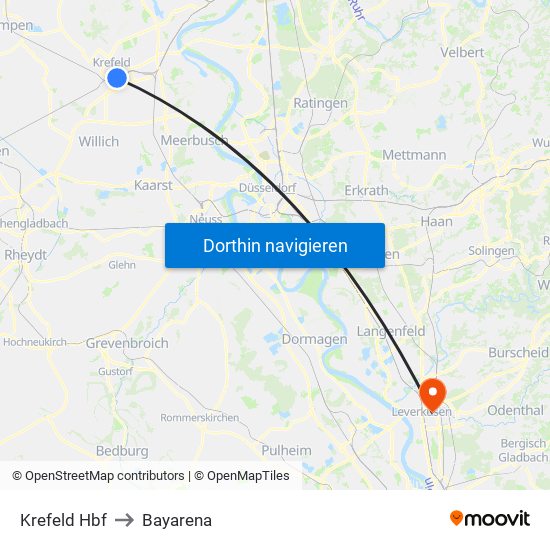 Krefeld Hbf to Bayarena map