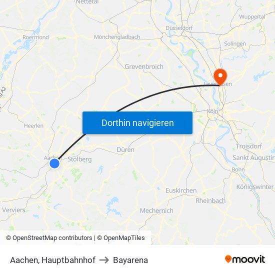 Aachen, Hauptbahnhof to Bayarena map