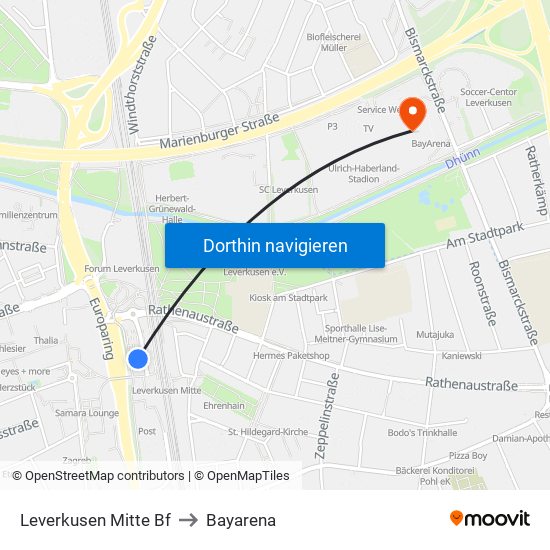 Leverkusen Mitte Bf to Bayarena map