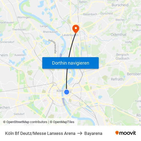 Köln Bf Deutz/Messe Lanxess Arena to Bayarena map