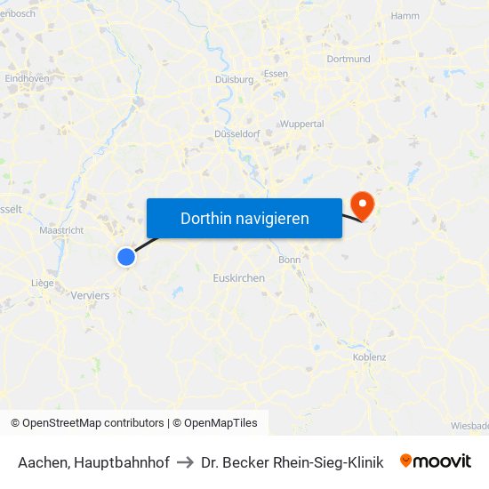 Aachen, Hauptbahnhof to Dr. Becker Rhein-Sieg-Klinik map