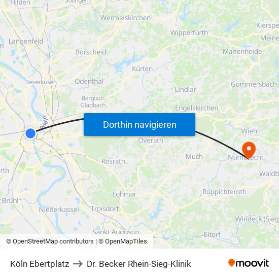 Köln Ebertplatz to Dr. Becker Rhein-Sieg-Klinik map