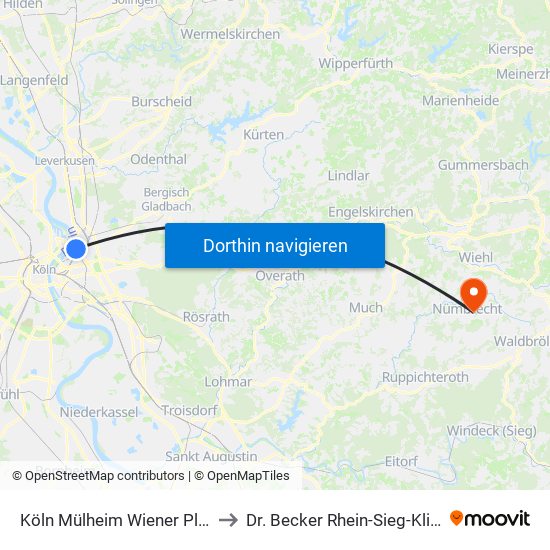 Köln Mülheim Wiener Platz to Dr. Becker Rhein-Sieg-Klinik map