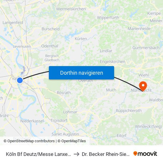 Köln Bf Deutz/Messe Lanxess Arena to Dr. Becker Rhein-Sieg-Klinik map