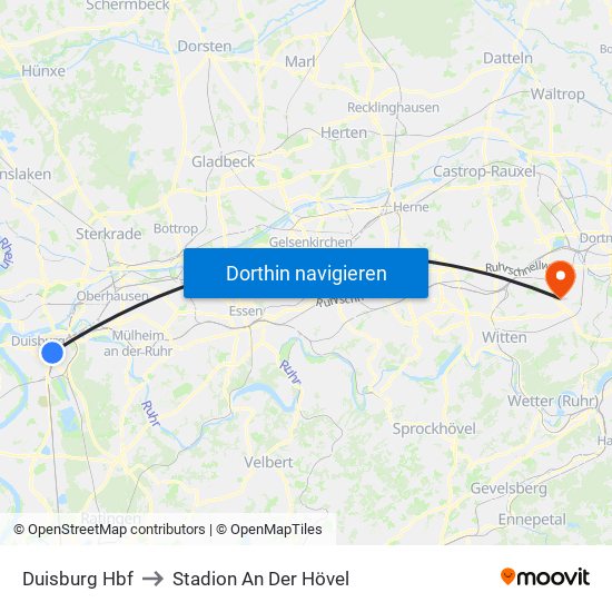 Duisburg Hbf to Stadion An Der Hövel map