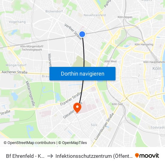 Bf Ehrenfeld - Köln to Infektionsschutzzentrum (Öffentlich) map