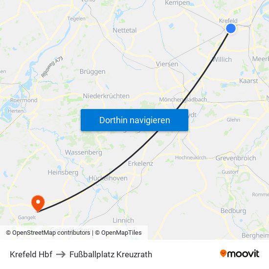 Krefeld Hbf to Fußballplatz Kreuzrath map