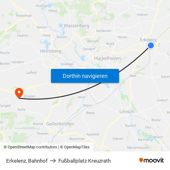 Erkelenz, Bahnhof to Fußballplatz Kreuzrath map