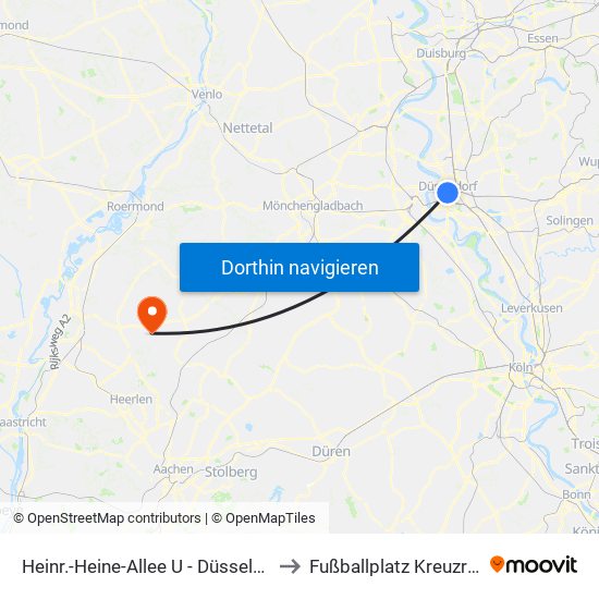 Heinr.-Heine-Allee U - Düsseldorf to Fußballplatz Kreuzrath map