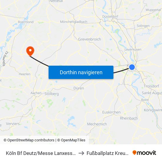 Köln Bf Deutz/Messe Lanxess Arena to Fußballplatz Kreuzrath map