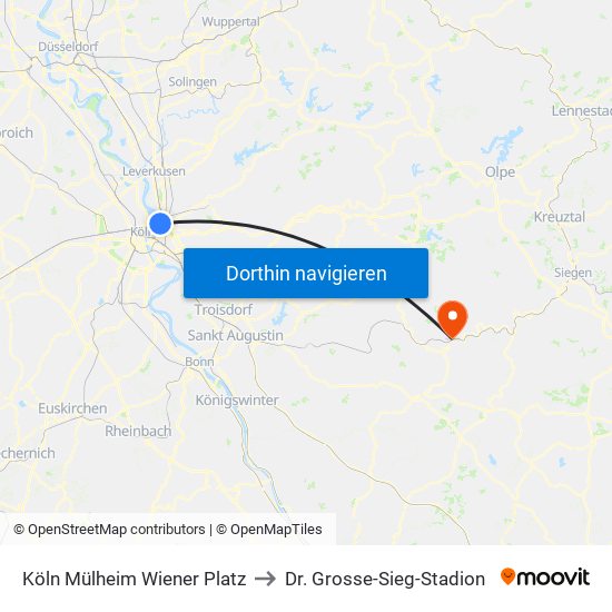 Köln Mülheim Wiener Platz to Dr. Grosse-Sieg-Stadion map