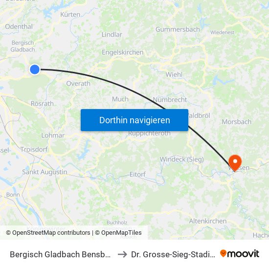 Bergisch Gladbach Bensberg to Dr. Grosse-Sieg-Stadion map