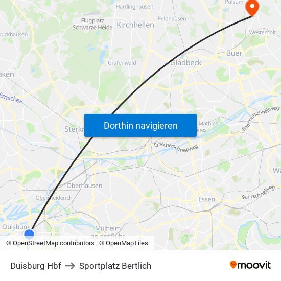 Duisburg Hbf to Sportplatz Bertlich map