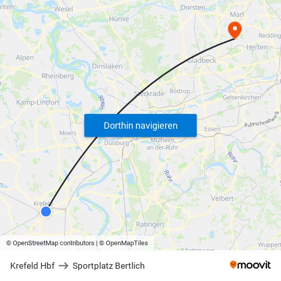 Krefeld Hbf to Sportplatz Bertlich map