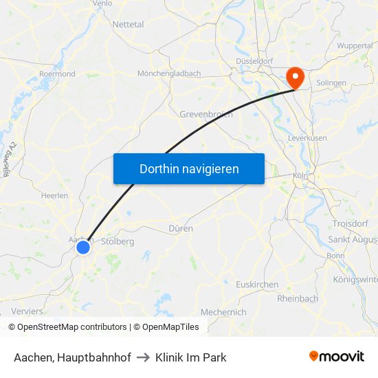 Aachen, Hauptbahnhof to Klinik Im Park map