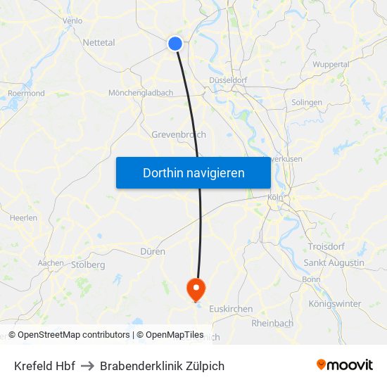 Krefeld Hbf to Brabenderklinik Zülpich map