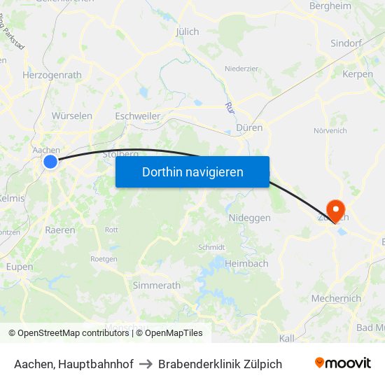 Aachen, Hauptbahnhof to Brabenderklinik Zülpich map