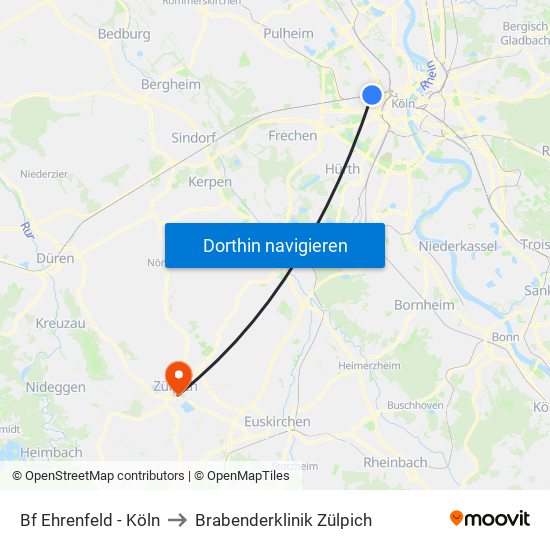 Bf Ehrenfeld - Köln to Brabenderklinik Zülpich map